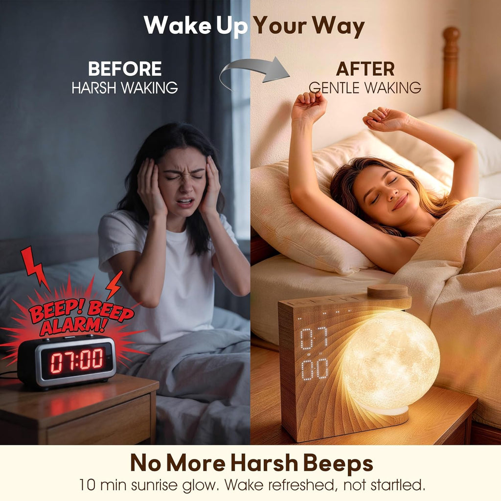 Alarm Clock for Bedrooms, Sunrise Alarm Clock Wake up Light for Kids Teens, White Noise Sound Machine, Moon Light Dual Alarms for Heavy Sleepers, Night Light Clock for Preppy Room Decor