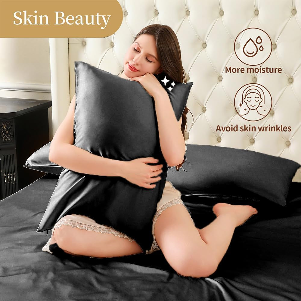 Black Silk Pillowcase King Size with Hidden Zipper