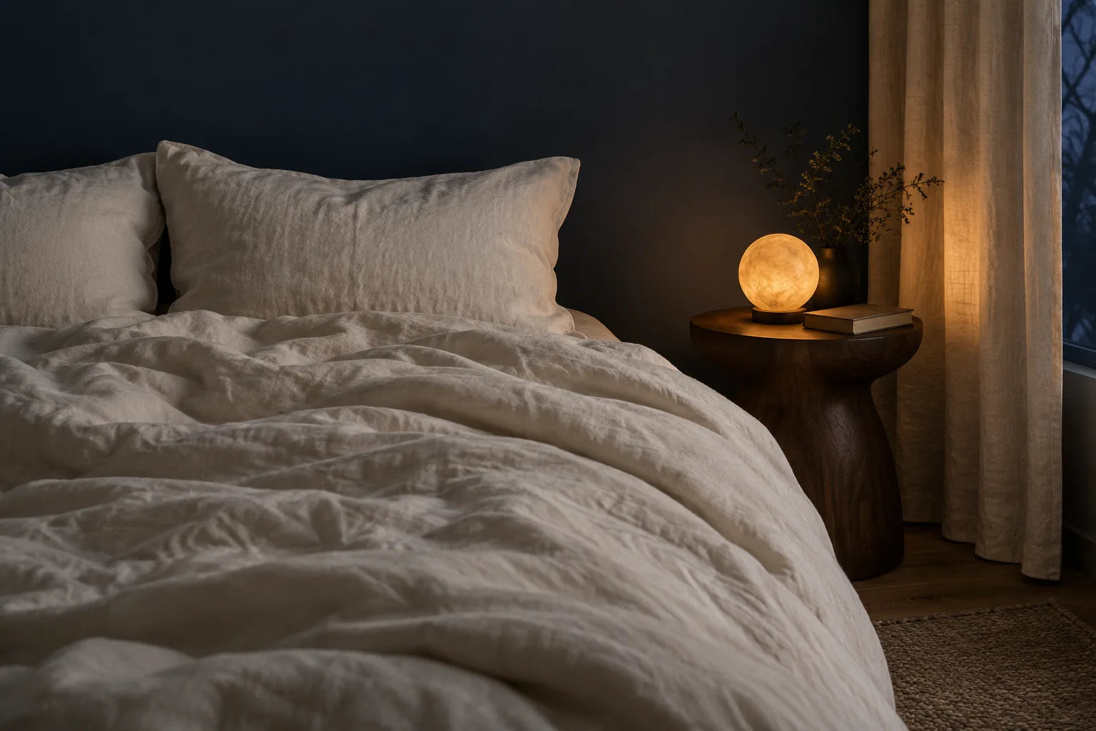 Ivory linen bedding beside a warm amber lamp at dusk